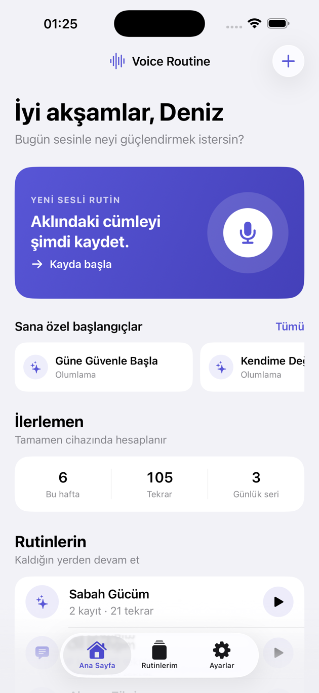Voice Routine uygulamasının kişisel karşılama, yeni rutin ve hazır başlangıçları gösteren ana ekranı